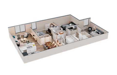 A 3D rendered image of a house layout.